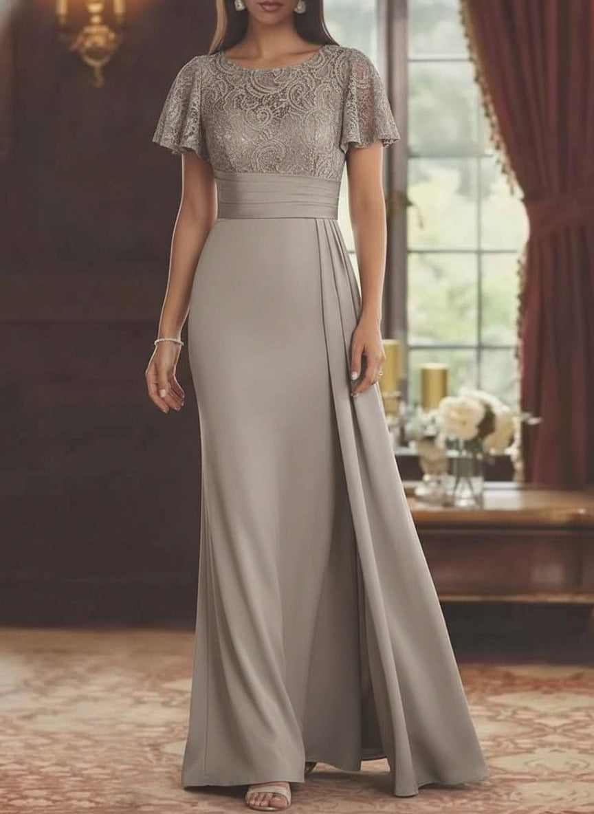 Sheath/Column Scoop Stretch Satin Mother of the Bride Dresses with Watteau Train Lace Floor-Length Short Sleeves