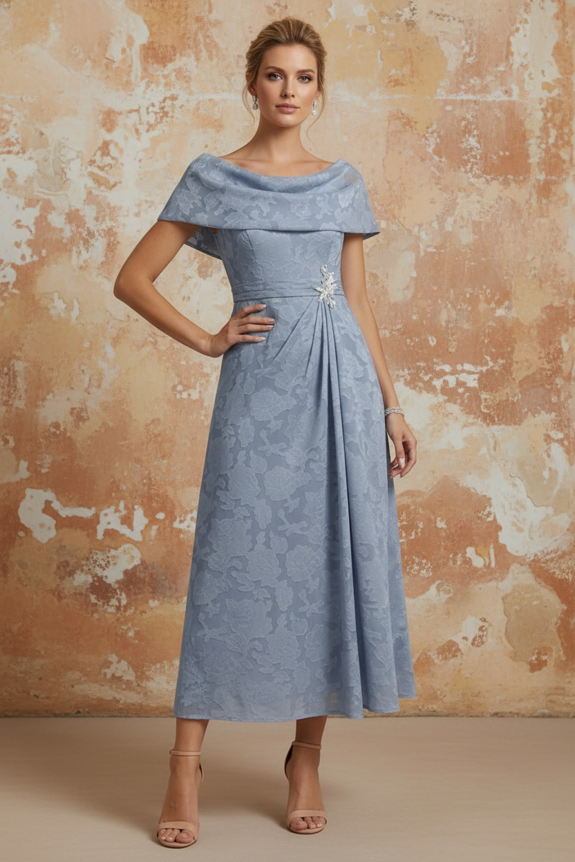 Off-the-Shoulder Chiffon Mother of the Bride Dresses Lace Ankle-Length Short Sleeves