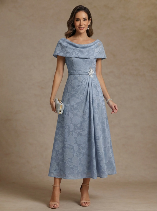 Off-the-Shoulder Chiffon Mother of the Bride Dresses Lace Ankle-Length Short Sleeves