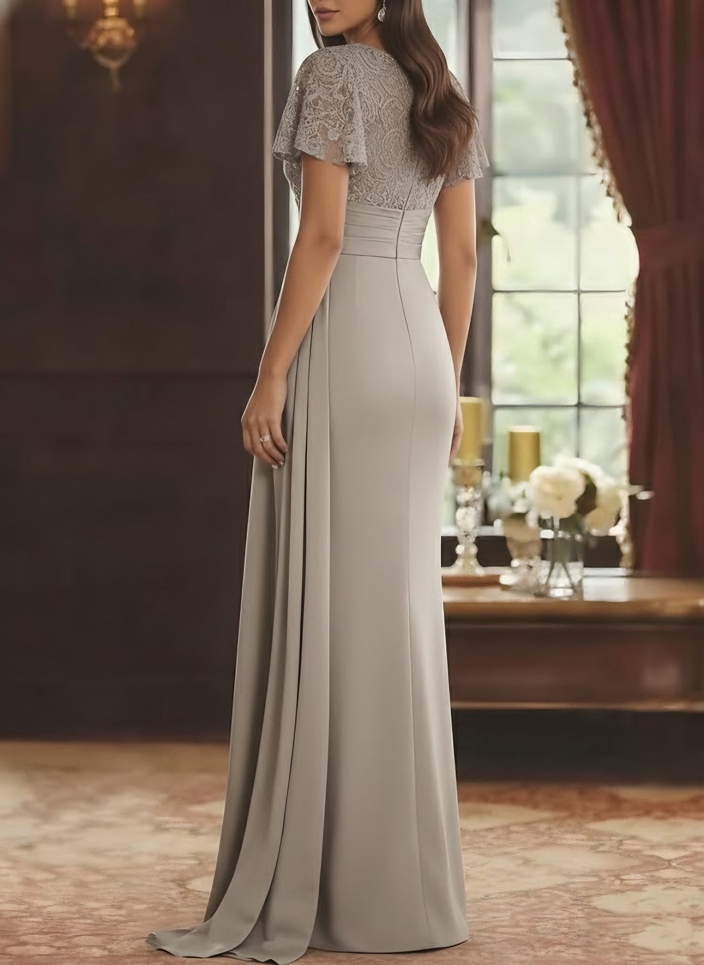 Sheath/Column Scoop Stretch Satin Mother of the Bride Dresses with Watteau Train Lace Floor-Length Short Sleeves