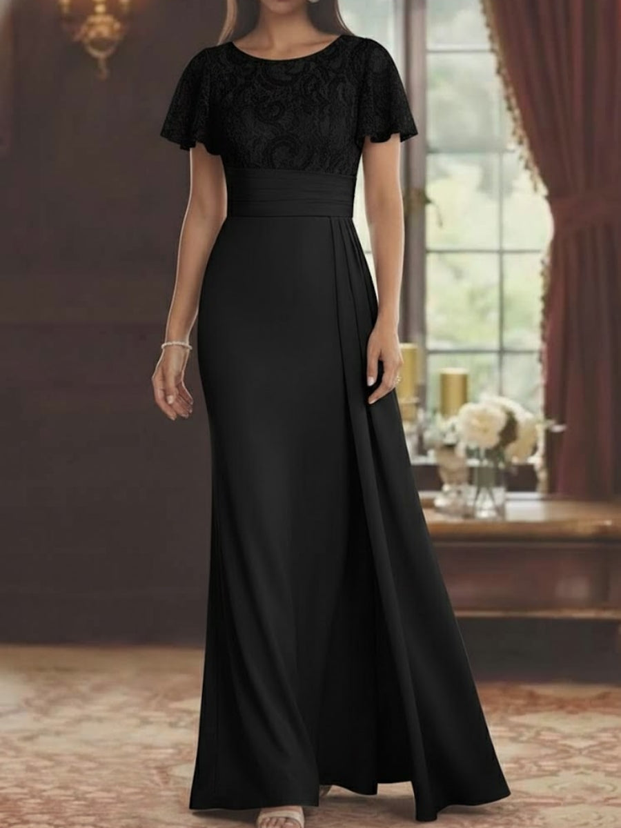 Sheath/Column Scoop Stretch Satin Mother of the Bride Dresses with Watteau Train Lace Floor-Length Short Sleeves