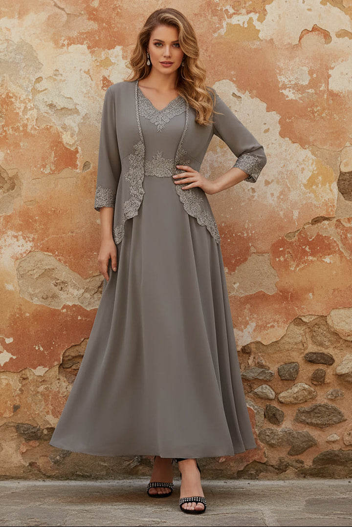 2 Pieces A-Line/Princess V-Neck Chiffon Mother of the Bride Dresses with Jacket Lace Ankle-Length 3/4 Sleeves