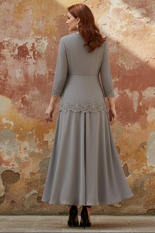 2 Pieces A-Line/Princess V-Neck Chiffon Mother of the Bride Dresses with Jacket Lace Ankle-Length 3/4 Sleeves