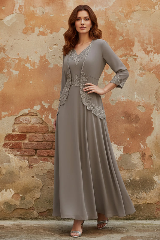 2 Pieces A-Line/Princess V-Neck Chiffon Mother of the Bride Dresses with Jacket Lace Ankle-Length 3/4 Sleeves