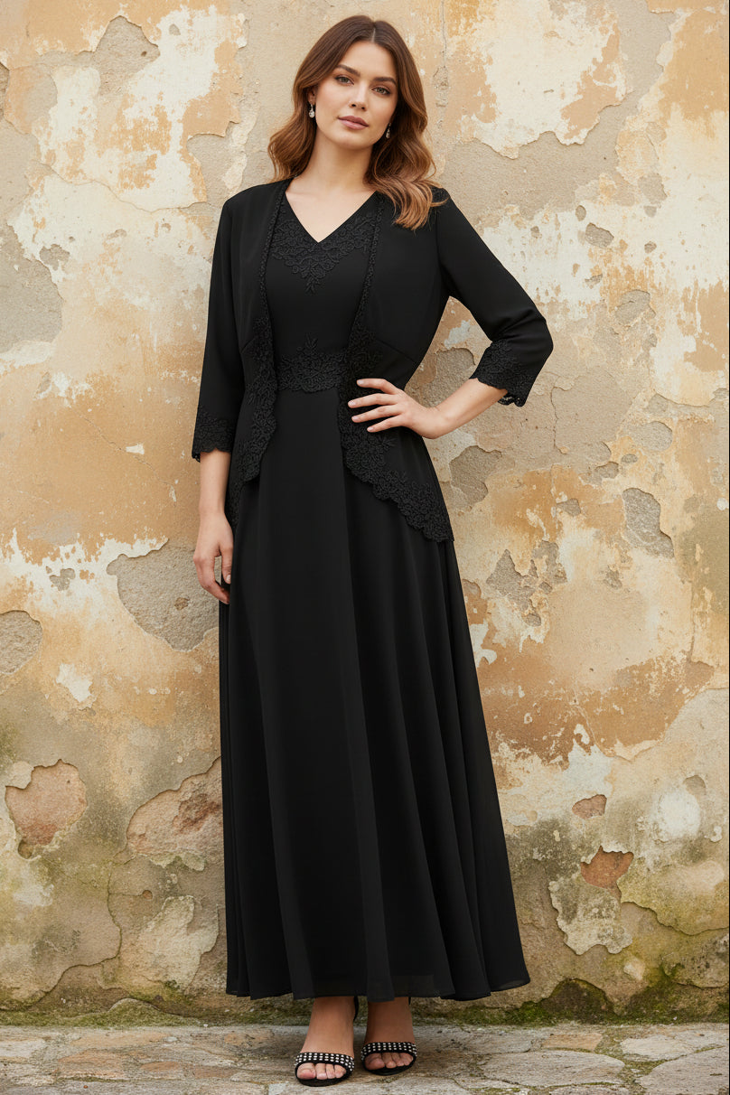 2 Pieces A-Line/Princess V-Neck Chiffon Mother of the Bride Dresses with Jacket Lace Ankle-Length 3/4 Sleeves