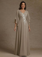 A-Line/Princess V-Neck Chiffon Mother of the Bride Dresses Floor-Length Half Sleeves Lace Appliques