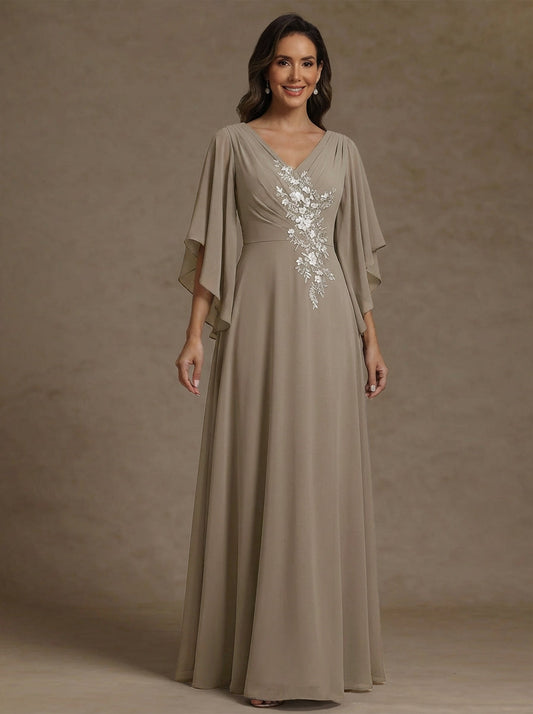 A-Line/Princess V-Neck Chiffon Mother of the Bride Dresses Floor-Length Half Sleeves Lace Appliques