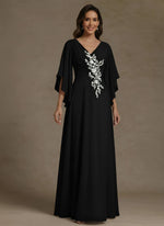 A-Line/Princess V-Neck Chiffon Mother of the Bride Dresses Floor-Length Half Sleeves Lace Appliques