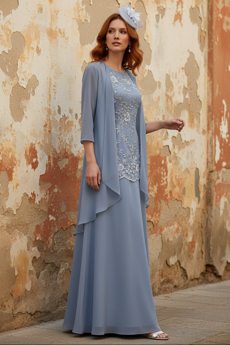 2 Pieces A-Line/Princess Scoop Chiffon Mother of the Bride Dresses with Jacket Floor-Length 3/4 Sleeves Lace