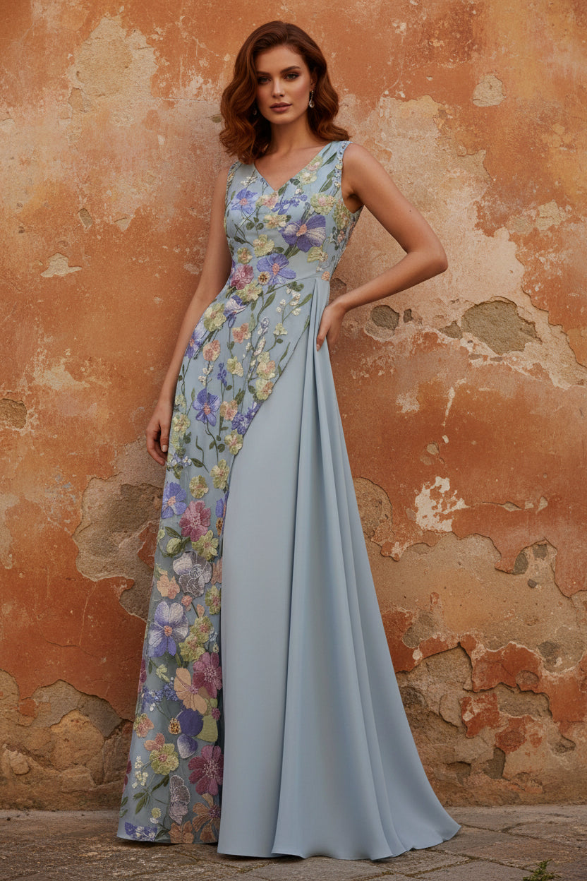 V-Neck Stretch Satin Mother of the Bride Dresses Floral Lace Floor-Length Sleeveless Ruffles