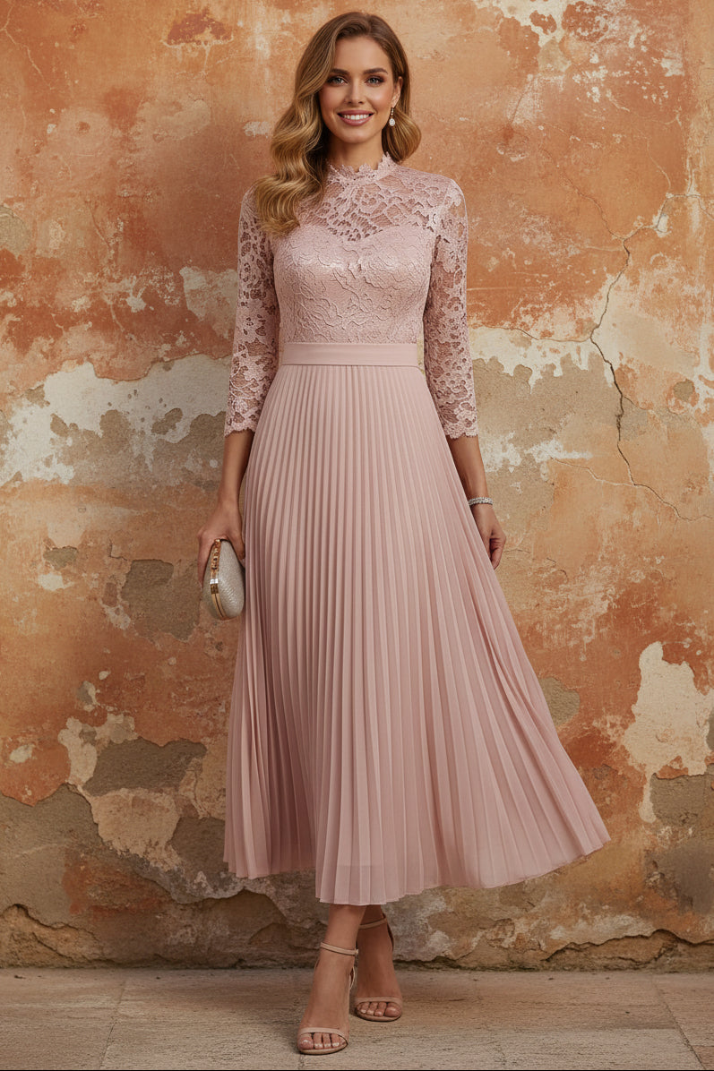 High Neck Chiffon Mother of the Bride Dresses Lace Tea-Length 3/4 Sleeves Pleated