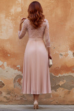 High Neck Chiffon Mother of the Bride Dresses Lace Tea-Length 3/4 Sleeves Pleated