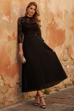 High Neck Chiffon Mother of the Bride Dresses Lace Tea-Length 3/4 Sleeves Pleated