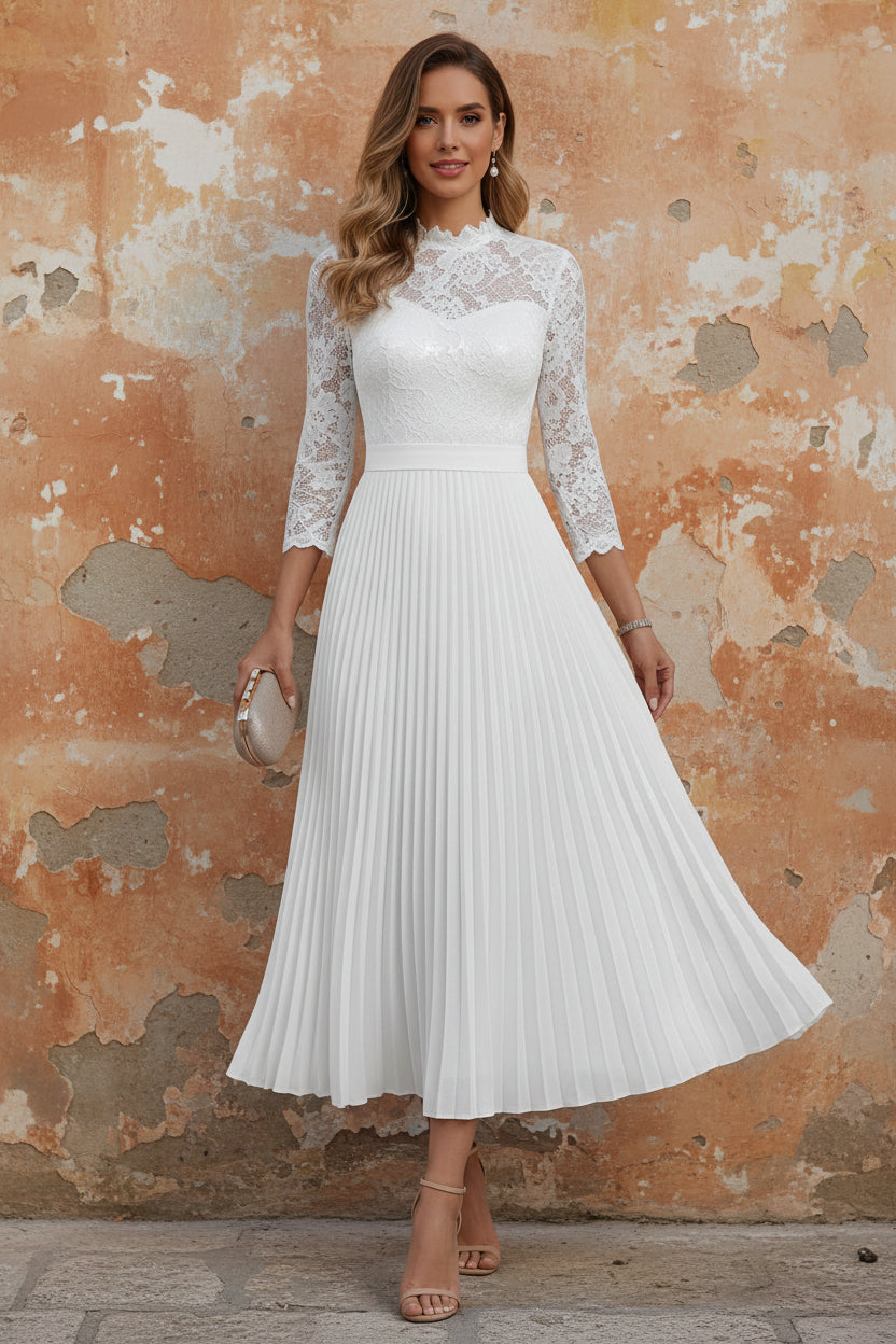High Neck Chiffon Mother of the Bride Dresses Lace Tea-Length 3/4 Sleeves Pleated