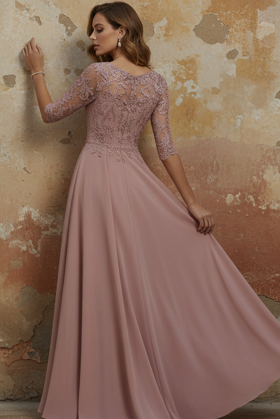 Boat Neck Chiffon Mother of the Bride Dresses Lace Floor-Length Half Sleeves