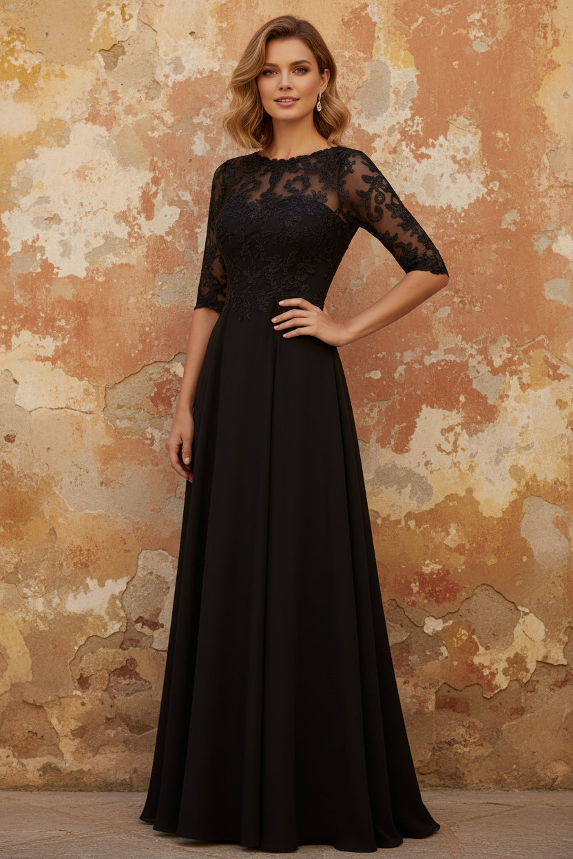 Boat Neck Chiffon Mother of the Bride Dresses Lace Floor-Length Half Sleeves