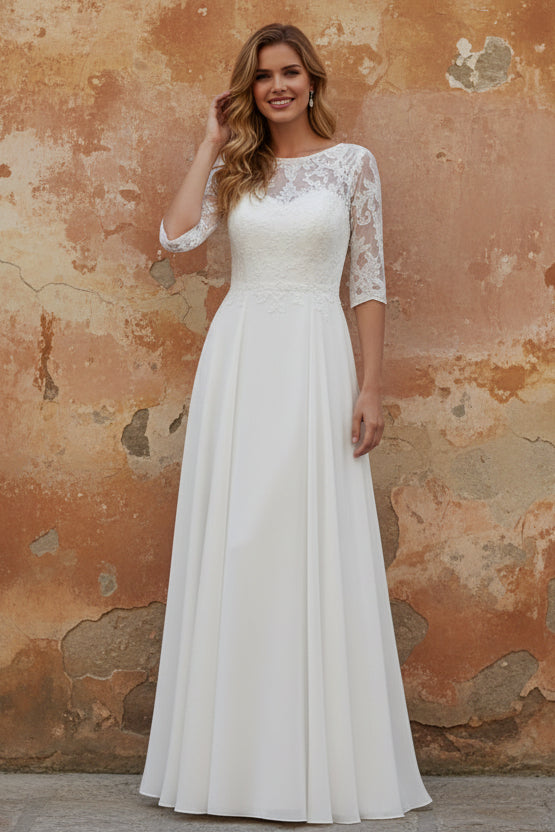 Boat Neck Chiffon Mother of the Bride Dresses Lace Floor-Length Half Sleeves