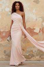 One-Shoulder Chiffon Mother of the Bride Dresses with Watteau Train Floor-Length Sleeveless