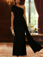One-Shoulder Chiffon Mother of the Bride Dresses with Watteau Train Floor-Length Sleeveless
