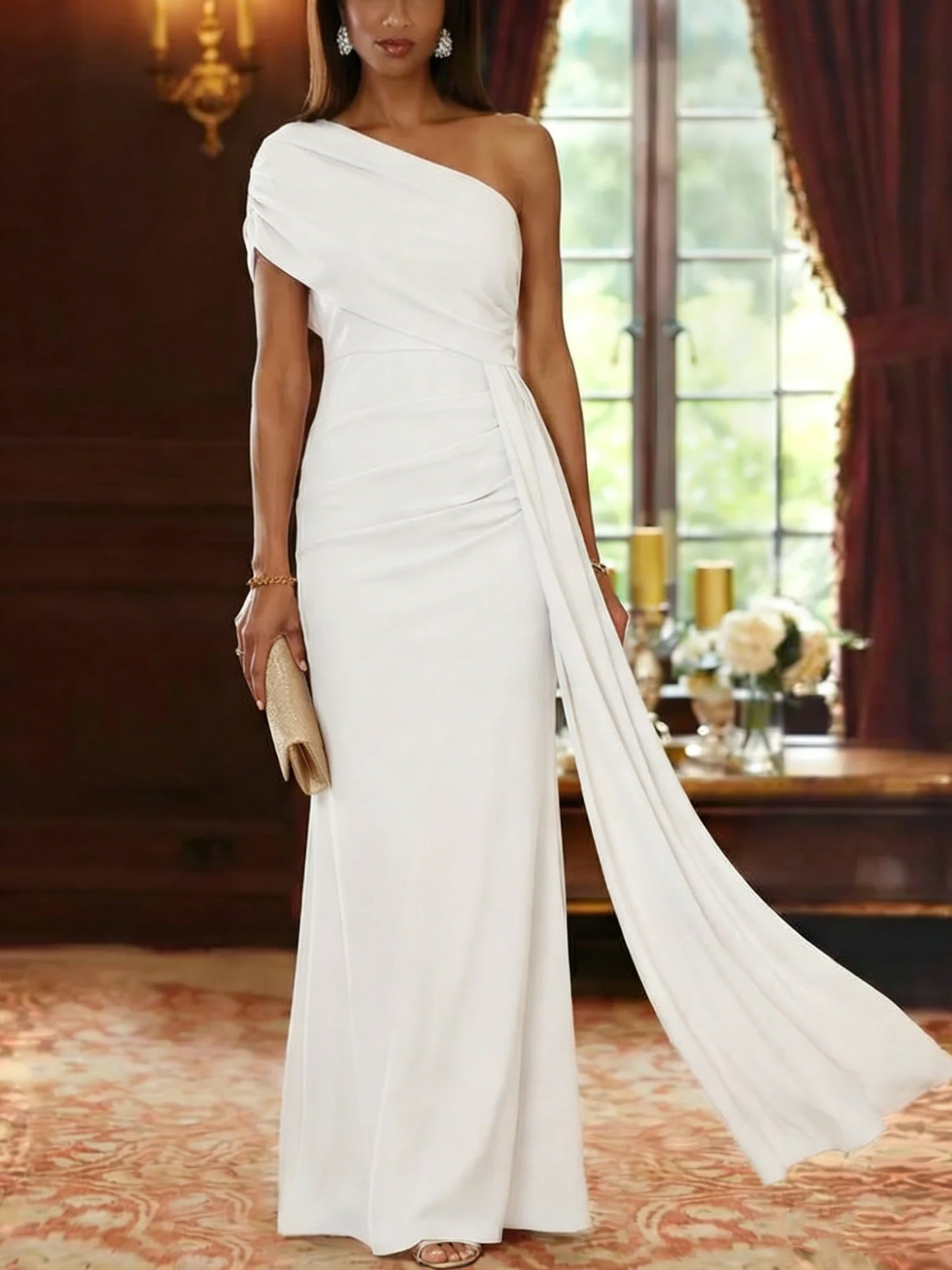 One-Shoulder Chiffon Mother of the Bride Dresses with Watteau Train Floor-Length Sleeveless