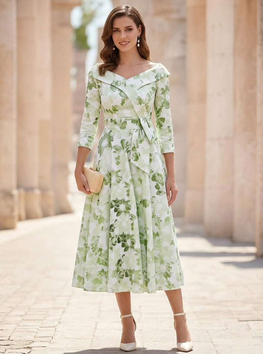 A-Line/Princess Off-the-Shoulder Printed Satin Mother of the Bride Dresses 3/4 Sleeves Floral Tea-Length
