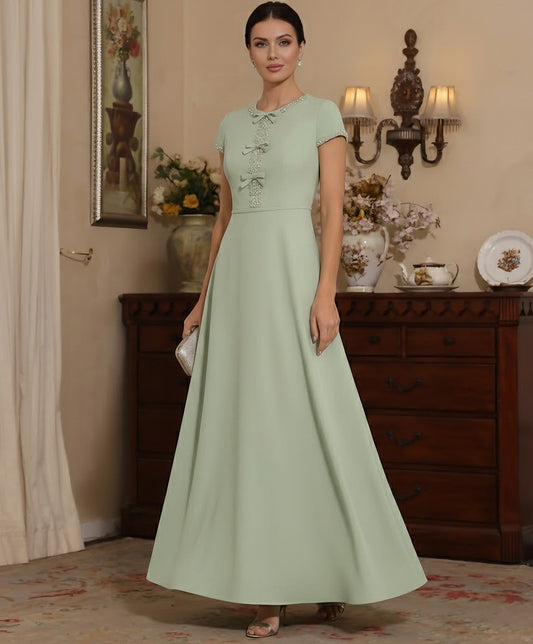 Scoop Satin Mother of the Bride Dresses Ankle-Length Short Sleeves Beading