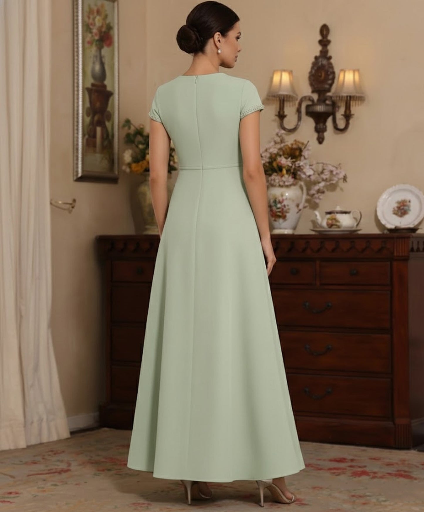 Scoop Satin Mother of the Bride Dresses Ankle-Length Short Sleeves Beading