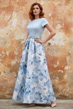 Boat Neck Satin Mother of the Bride Dresses Floral Floor-Length Short Sleeves Bowknot