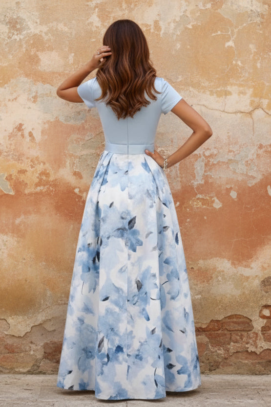 Boat Neck Satin Mother of the Bride Dresses Floral Floor-Length Short Sleeves Bowknot