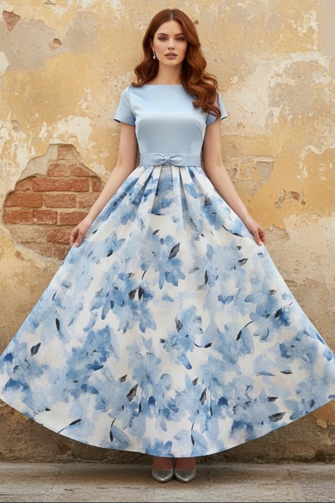Boat Neck Satin Mother of the Bride Dresses Floral Floor-Length Short Sleeves Bowknot