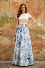Boat Neck Satin Mother of the Bride Dresses Floral Floor-Length Short Sleeves Bowknot