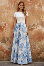 Boat Neck Satin Mother of the Bride Dresses Floral Floor-Length Short Sleeves Bowknot