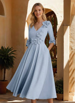 V-Neck Stretch Satin Mother of the Bride Dresses Tea-Length 3/4 Sleeves 3D Flower