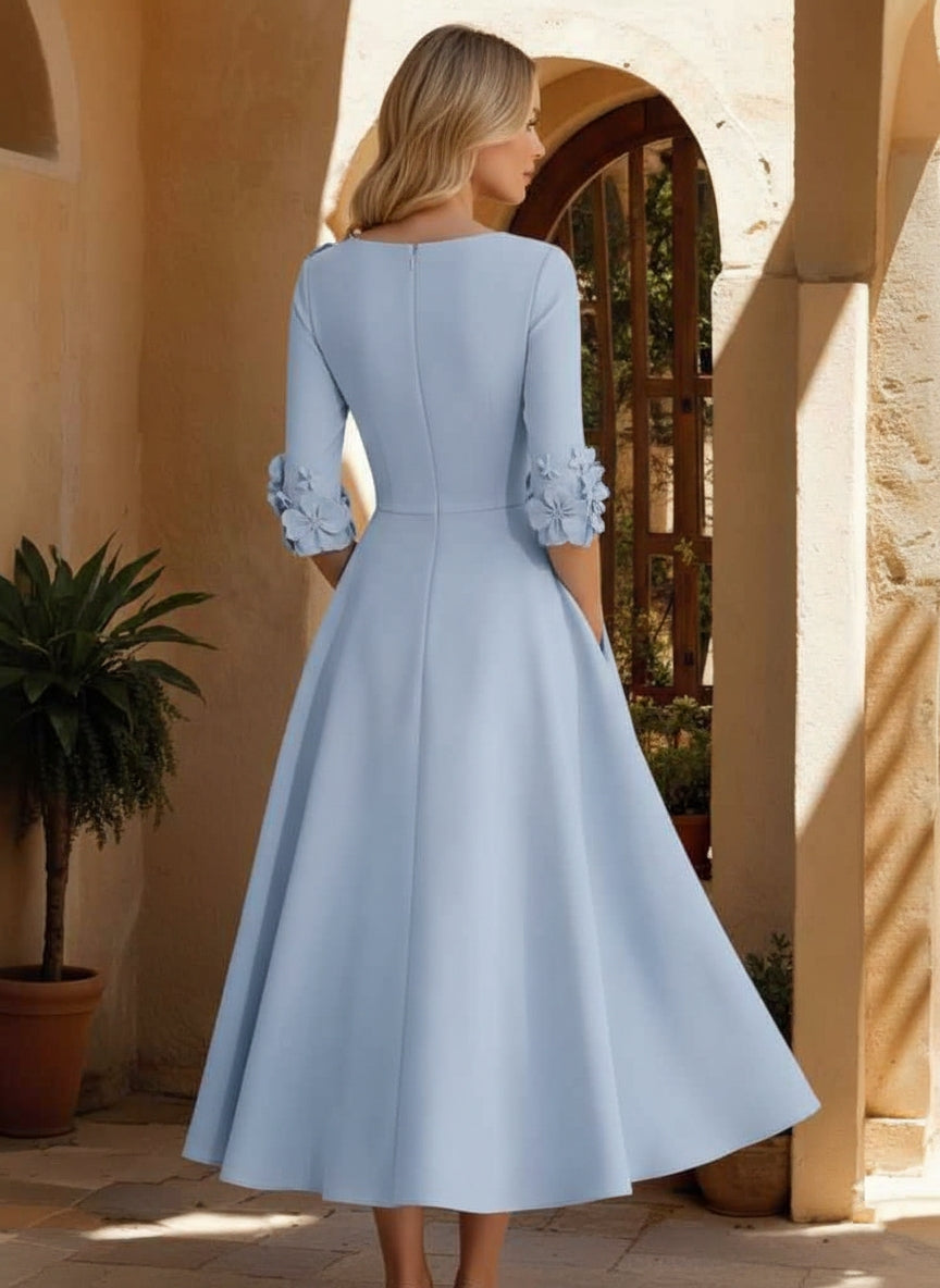V-Neck Stretch Satin Mother of the Bride Dresses Tea-Length 3/4 Sleeves 3D Flower