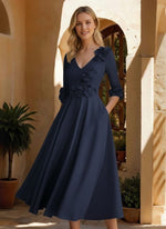 V-Neck Stretch Satin Mother of the Bride Dresses Tea-Length 3/4 Sleeves 3D Flower