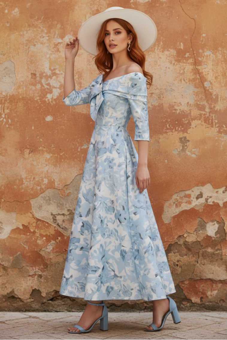 Off-the-Shoulder Mother of the Bride Dresses Printed Satin Ankle-Length Sleeveless Floral