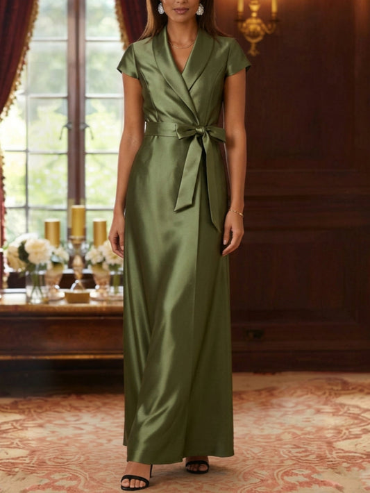 Shirt Collar Silk Satin Mother of the Bride Dresses Cap Sleeves Ankle-Length Belt