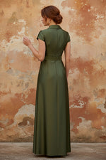 Shirt Collar Silk Satin Mother of the Bride Dresses Cap Sleeves Ankle-Length Belt