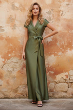 Shirt Collar Silk Satin Mother of the Bride Dresses Cap Sleeves Ankle-Length Belt