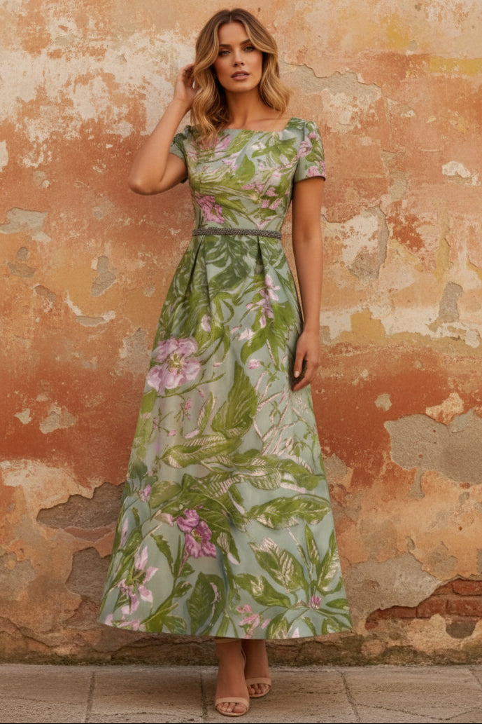 Square Collar Satin Mother of the Bride Dresses Floral Ankle-Length Short Sleeves