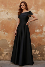 Off-the-Shoulder Satin Mother of the Bride Dresses Sleeveless Floor-Length Pleated
