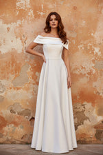 Off-the-Shoulder Satin Mother of the Bride Dresses Sleeveless Floor-Length Pleated
