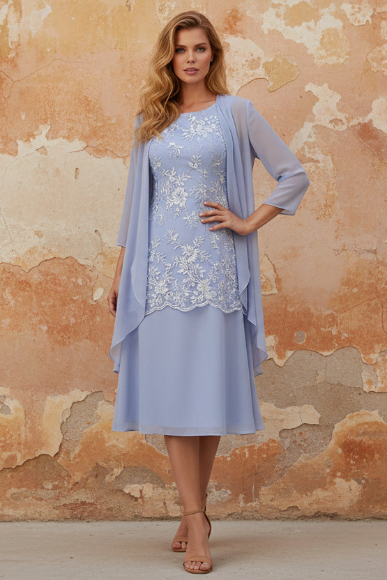 Scoop Chiffon Mother of the Bride Dresses with Jacket Tea-Length 3/4 Sleeves Lace