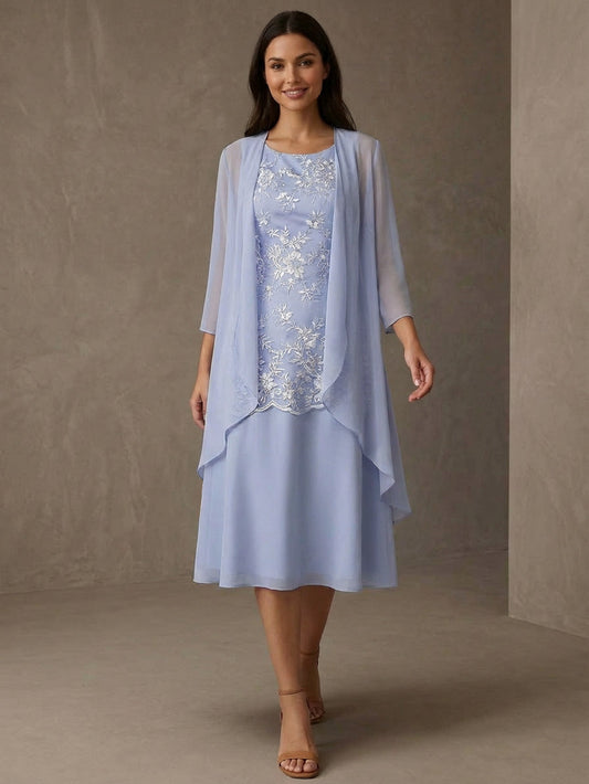 Scoop Chiffon Mother of the Bride Dresses with Jacket Tea-Length 3/4 Sleeves Lace