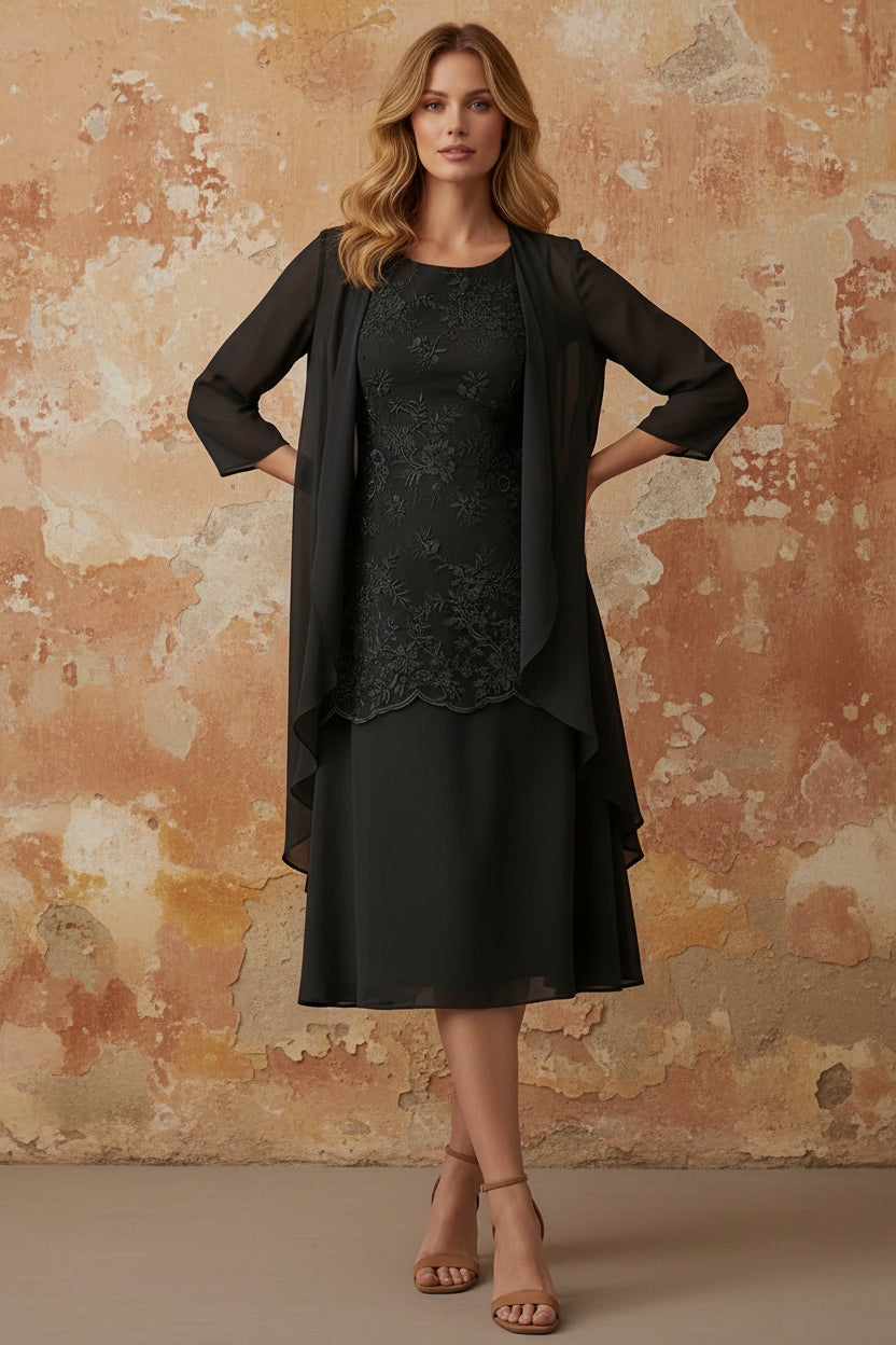 Scoop Chiffon Mother of the Bride Dresses with Jacket Tea-Length 3/4 Sleeves Lace