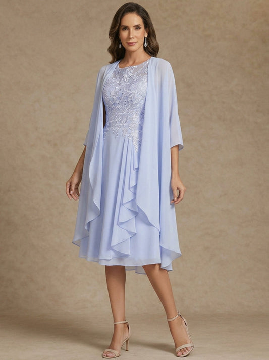 2 Pieces Scoop Chiffon Mother of the Bride Dresses with Jacket Lace Tea-Length 3/4 Sleeves Ruffles