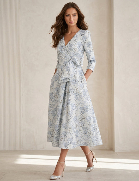 V-Neck Jacquard Mother of the Bride Dresses Floral Tea-Length 3/4 Sleeves