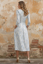 V-Neck Jacquard Mother of the Bride Dresses Floral Tea-Length 3/4 Sleeves