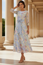 Scoop Lace Mother of the Bride Dresses Floral Embroidery Tea-Length 3/4 Sleeves Bowknot