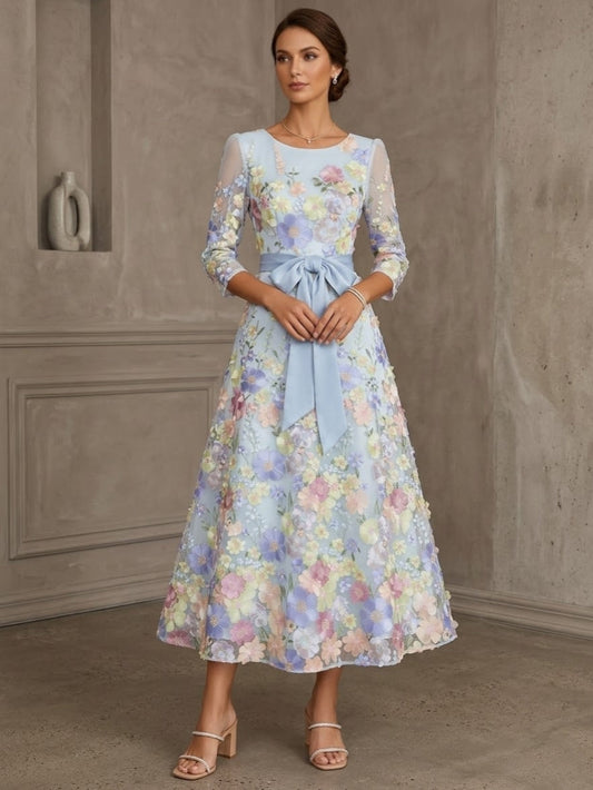 Scoop Lace Mother of the Bride Dresses Floral Embroidery Tea-Length 3/4 Sleeves Bowknot